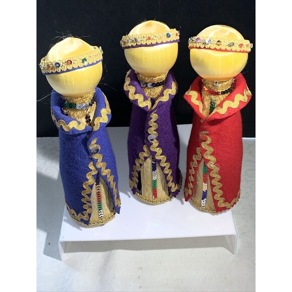 Vtg Wise Men Kitsch Handmade 60s 70s Satin Felt Sequins Beaded Bottle Nativity - Picture 8 of 8